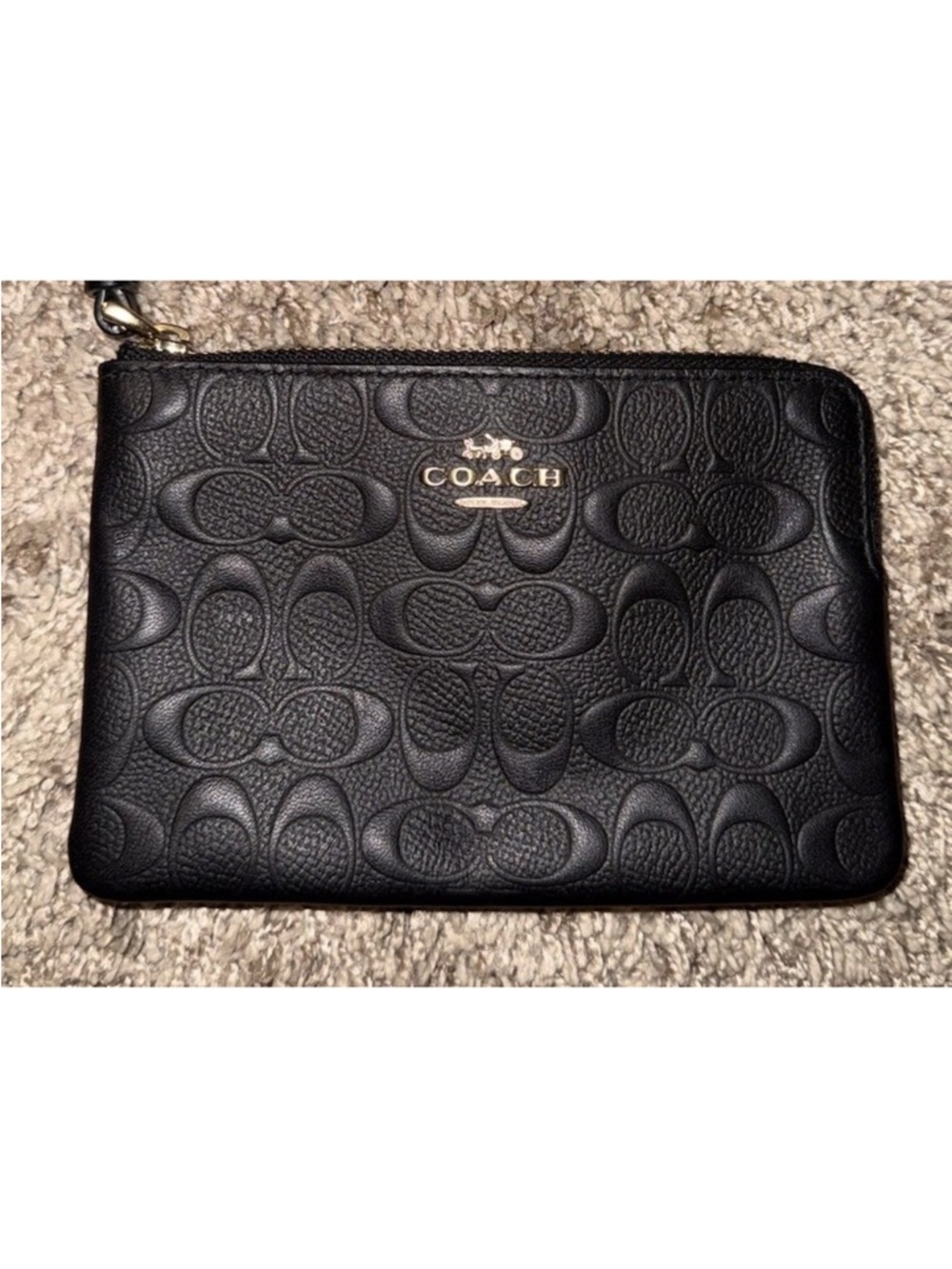 Coach Black Embossed Signature Leather Zip Wristlet with Gold Logo